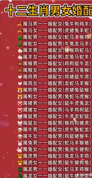 最佳生肖属相婚姻配对（2024属相婚配大全及宜忌表）